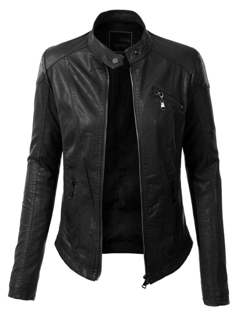 Koza Leathers Women's Real Lambskin Leather Bomber Jacket in black with satin lining and YKK zipper, featuring multiple pockets.